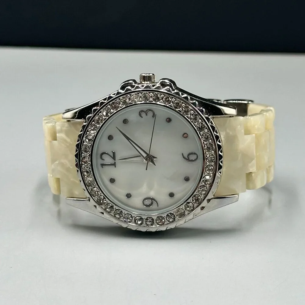 3/$30 Silver Tone Women Watch Rhinestone Bezel Cream Resin Band New Battery